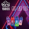 Promotional image showcasing Bang disposable vape devices in various flavors against a background of glowing neon light patterns, highlighting features like 15000 puffs, 650mAh battery capacity, 23ml e-liquid, and Type-C charging compatibility.