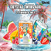 Promotional image showcasing Uwin Crystal Twins 40K vaping devices with two flavors, watermelon mango and blueberry strawberry, styled with tropical beach elements and graphics featuring a cartoon chimpanzee character.
