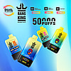 Promotional image for Bang King vape devices featuring three dual-flavor models with digital display, 850mAh battery, 50ml capacity, and Type-C charging, highlighting 50,000 puffs and adjustable airflow features.