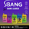 Promotional display for SBang Bang Leader brand disposable vape featuring various colorful designs and a note indicating '80000 puffs' alongside warnings about nicotine usage and recycling icons.