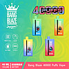 Promotional image featuring vibrant Bang Blaze vape devices with 40,000 puff capacity, 650mAh battery, and mesh coil technology, displayed against a colorful gradient background.