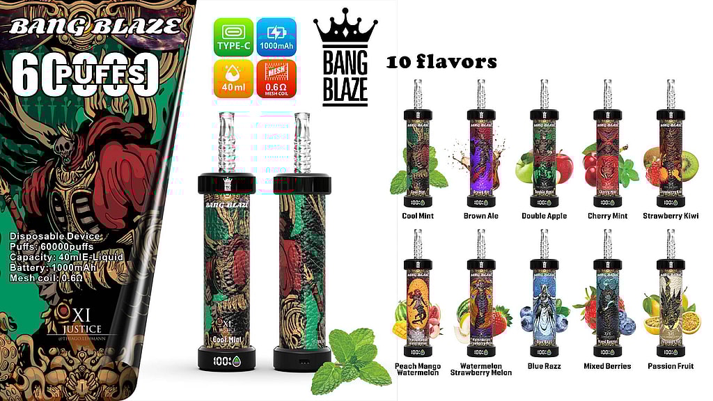 Bang Blaze 60000 Puffs Vape Promotional display for Bang Blaze disposable vaping devices featuring a variety of vibrant designs, specifications such as 60000 puffs, 40ml e-liquid capacity, 1000mAh battery, and 0.6Ω mesh coil, alongside visual representations of ten available flavors including Cool Mint, Brown Ale, Double Apple, Cherry Mint, Strawberry Kiwi, Peach Mango Watermelon, Watermelon Strawberry Melon, Blue Razz, Mixed Berries, and Passion Fruit.