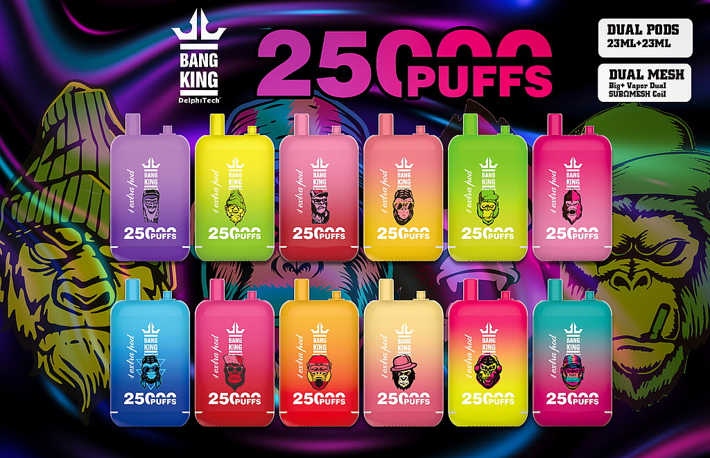 Colorful promotional display featuring multiple Bang King vaping devices with vivid designs and '25,000 Puffs' branding, set against a futuristic psychedelic background with neon accents.