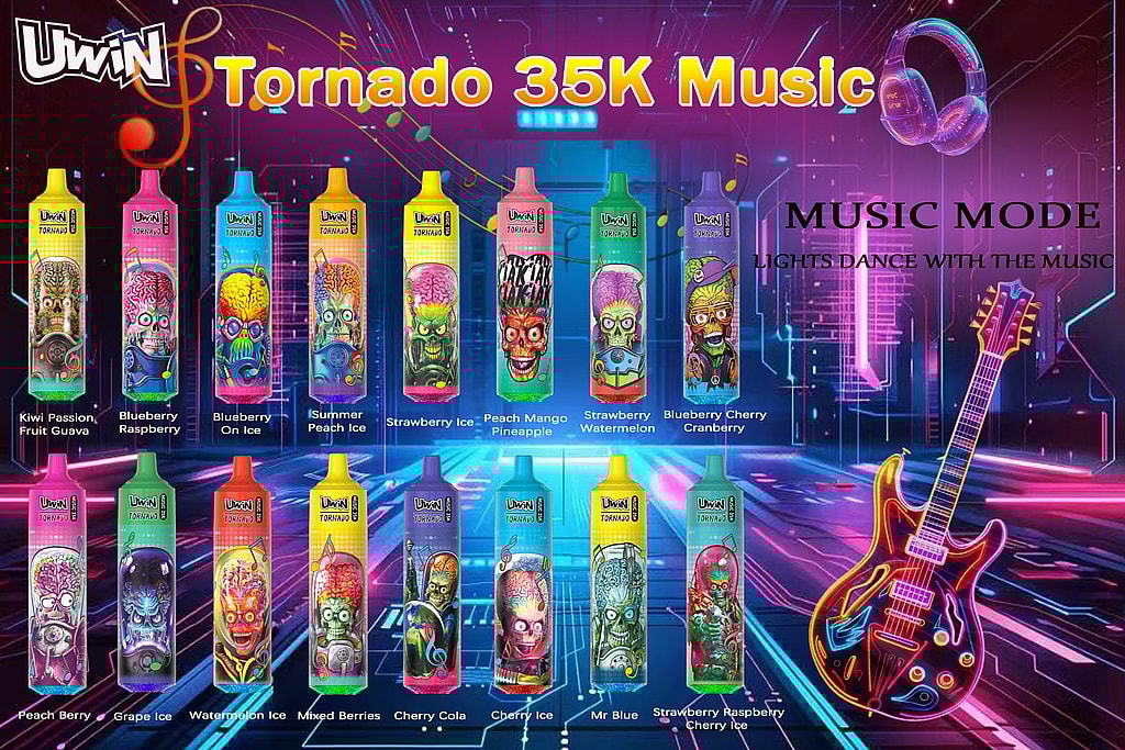 A vibrant promotional image featuring the Uwin Randm Tornado Music 35000 Puffs collection with various flavor designs, displayed on a futuristic, neon-lit background alongside a glowing electric guitar and headphones emphasizing a music mode feature.