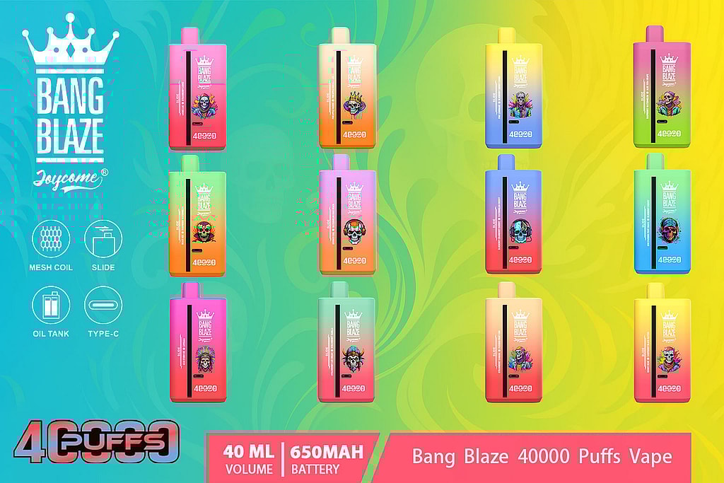 Bang_Blaze_40000_Puffs_Vape-Colorful product display of Bang Blaze branded vapes featuring various designs with skeleton-themed graphics, 40ml volume and 650mAh battery specifications on a vibrant background, emphasizing the 40,000 puffs capability.