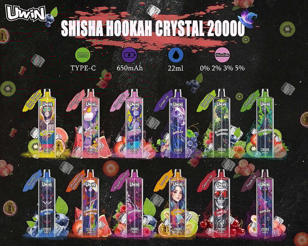 Uwin SHISHA HOOKAH Crystal 20000 Puffs Promotional image for UWin Shisha Hookah Crystal 20000, showing various flavored vape devices with model specifications such as Type-C charging, 650mAh capacity, 22ml liquid capacity, and nicotine options ranging from 0% to 5%.