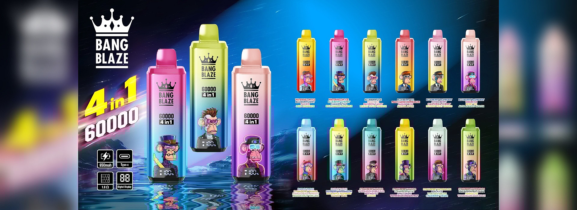 Promotional image displaying a lineup of Bang Blaze vape devices with various flavors and a 60,000 puff capacity, accompanied by the product logo, specifications like battery capacity and Type-C charging, against a cosmic-themed background.