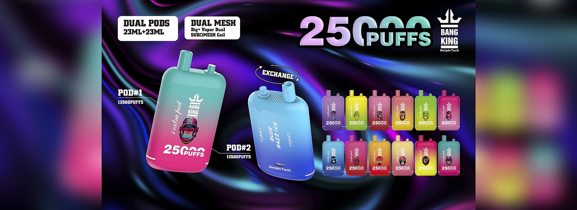Advertisement showcasing Bang King disposable vapes in various colors, highlighting 25,000 puffs capacity and dual pod system, set against a vibrant swirled background.
