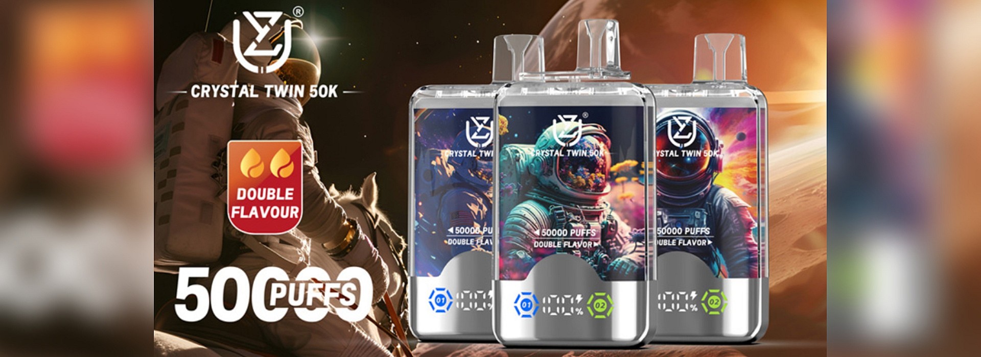 Promotional image showcasing Crystal Twin 50K vaping devices, featuring designs with cosmic themes and advertisements for 50,000 puffs and double flavor options.