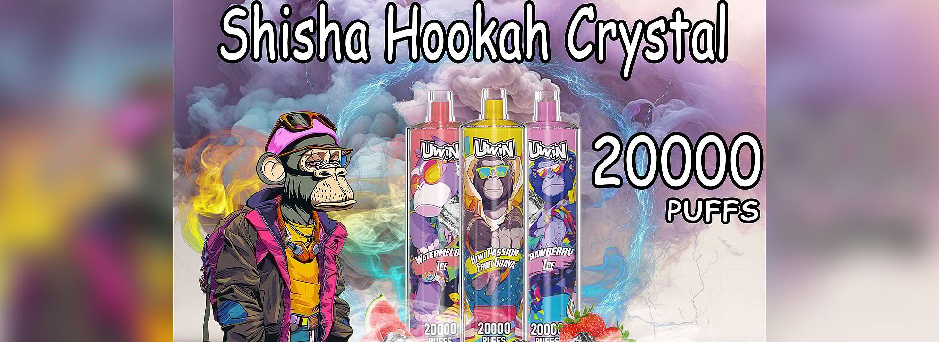 Promotional banner featuring colorful UWIN shisha hookah products with cartoon designs alongside illustrated smoke visuals and text indicating 20,000 puffs.