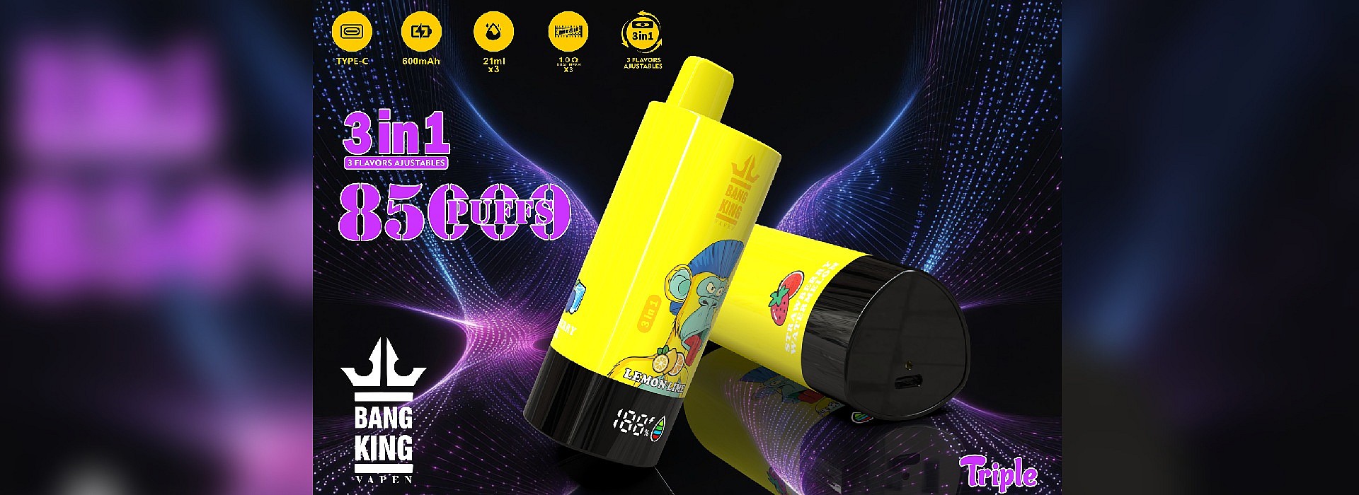 Promotional image of the Bang King 3-in-1 vape device, featuring a yellow design with graphics and advertising 85000 puffs, adjustable flavors, and other specifications against a dark, colorful backdrop.