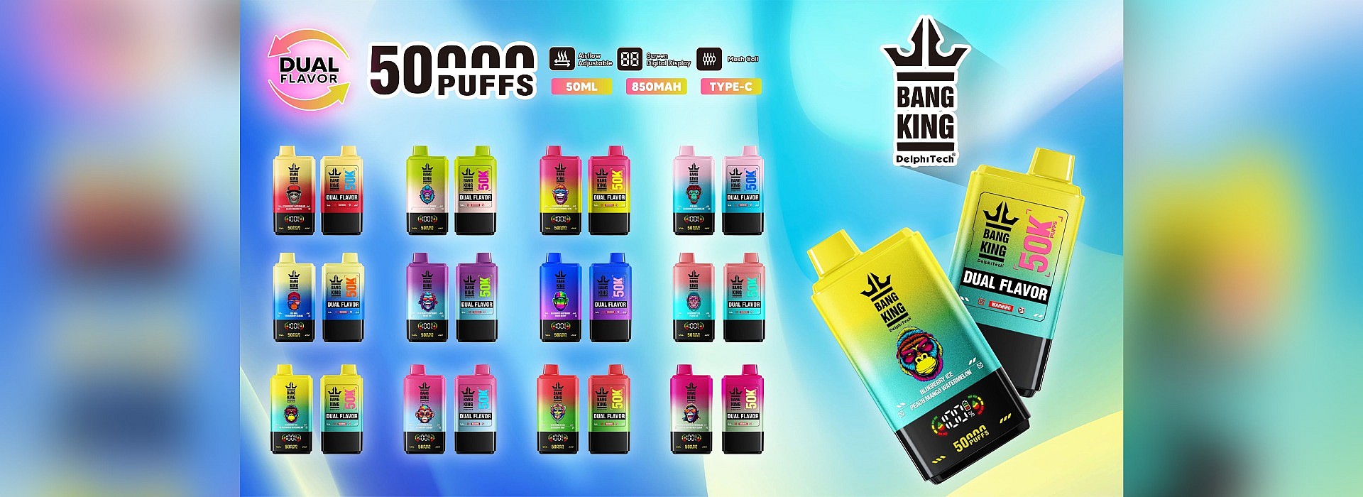 Promotional image of Bang King Dual Flavor disposable vape devices showcasing various colorful designs and features such as 50,000 puffs, adjustable airflow, digital screen, mesh coil technology, and Type-C charging, with highlighted products on a blue gradient background.