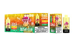 Product packaging for a 3-in-1 disposable vape with a cartoon monkey wearing a pink cap, featuring flavors like Berry Lemonade, Strawberry Red Bull, and Strawberry Pomp, with a warning about nicotine addiction.