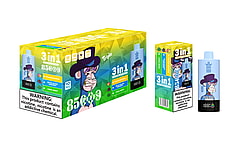 Packaging for a Bang King 3-in-1 disposable vaping device featuring three flavors: Peach Mango, Blue Razz Cherry, and Cool Mint, with a warning about nicotine addiction prominently displayed.