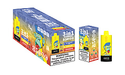 Promotional packaging and product display of Bang King 3-in-1 disposable vape featuring a yellow device with adjustable flavors, including Blueberry Ice, Lemon Lime, and Strawberry Watermelon, bearing a warning label about nicotine addiction.