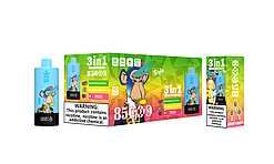 Illustrated packaging of 3-in-1 flavored vape product with warning about nicotine addiction, featuring cartoon monkey design and flavor options including Double Apple, Pineapple Ice, and Fruity Fusion.