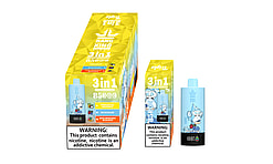 Packaging and product of Bang King 3-in-1 electronic vaping device featuring three flavors, labeled with a warning indicating nicotine as an addictive chemical.