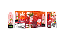 Packaging design of a vaping product featuring a cartoon monkey character and text promoting flavors such as Pink Lemonade, Strawberry Banana, and Raspberry Watermelon, with a nicotine warning label displayed.