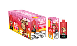 Packaging and a disposable vape device featuring the 'Bang King' brand, displaying a cartoon monkey design and offering three flavors, with a warning about nicotine addiction prominently shown.