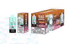 Packaging image of Bang King 3-in-1 flavors adjustable vape with 85 puffs featuring Strawberry Vanilla Coke, Black Dragon Ice, and Peach Ice, warning label regarding nicotine addiction displayed.