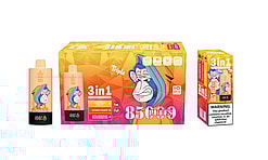 Packaging and vape product images for 'Bang King 3 in 1' featuring a stylized monkey graphic and flavors including Tropical Fruit, Lemon Peach, and Strawberry Watermelon, with nicotine warning label visible.