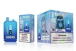 Image showcasing Bang King vaping product packaging, featuring a blue vape device labeled '25,000 Puffs' and branding details such as 'Blue Razz Ice'. Includes required warning text: 'This product contains nicotine. Nicotine is an addictive chemical.'