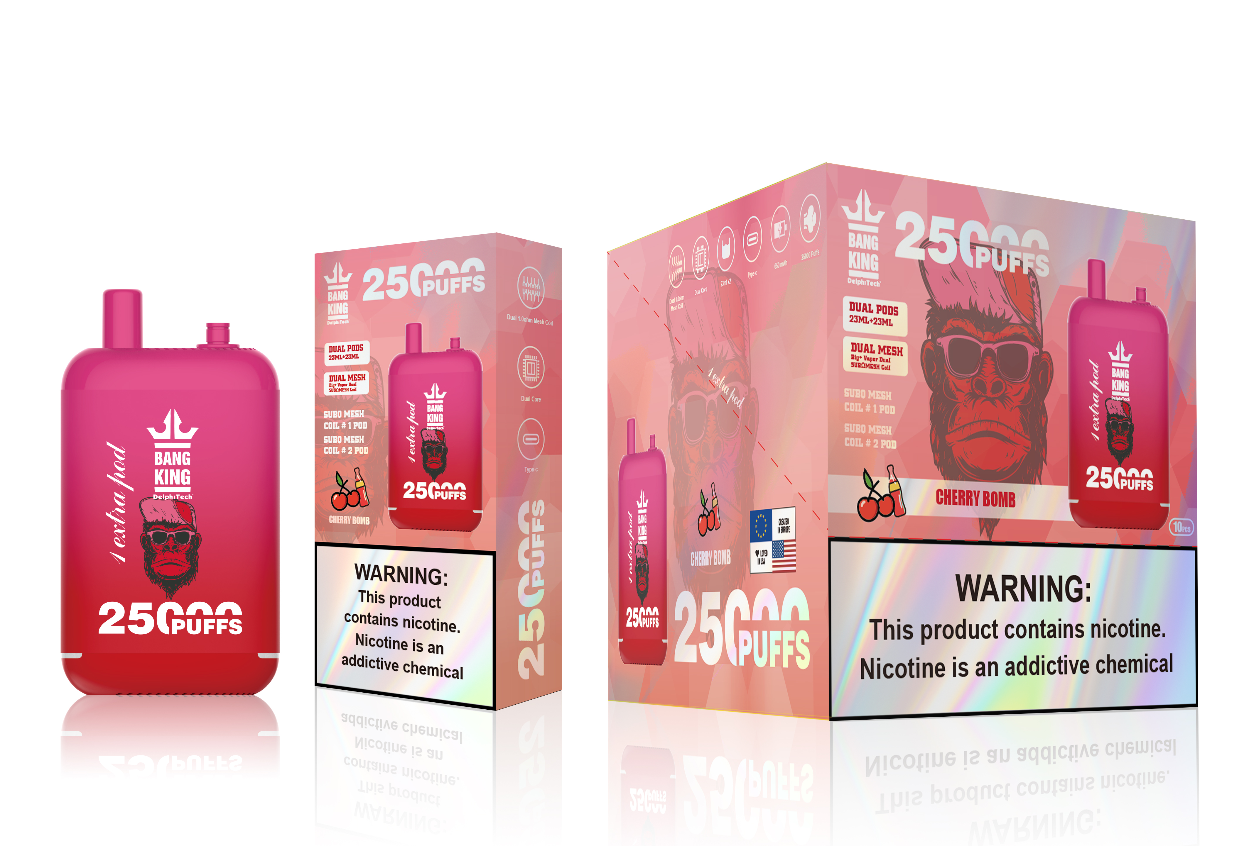 Packaging and product depiction of Bang King Cherry Bomb e-cigarette featuring a pink device labeled for 25,000 puffs, surrounded by health warnings about nicotine addiction.
