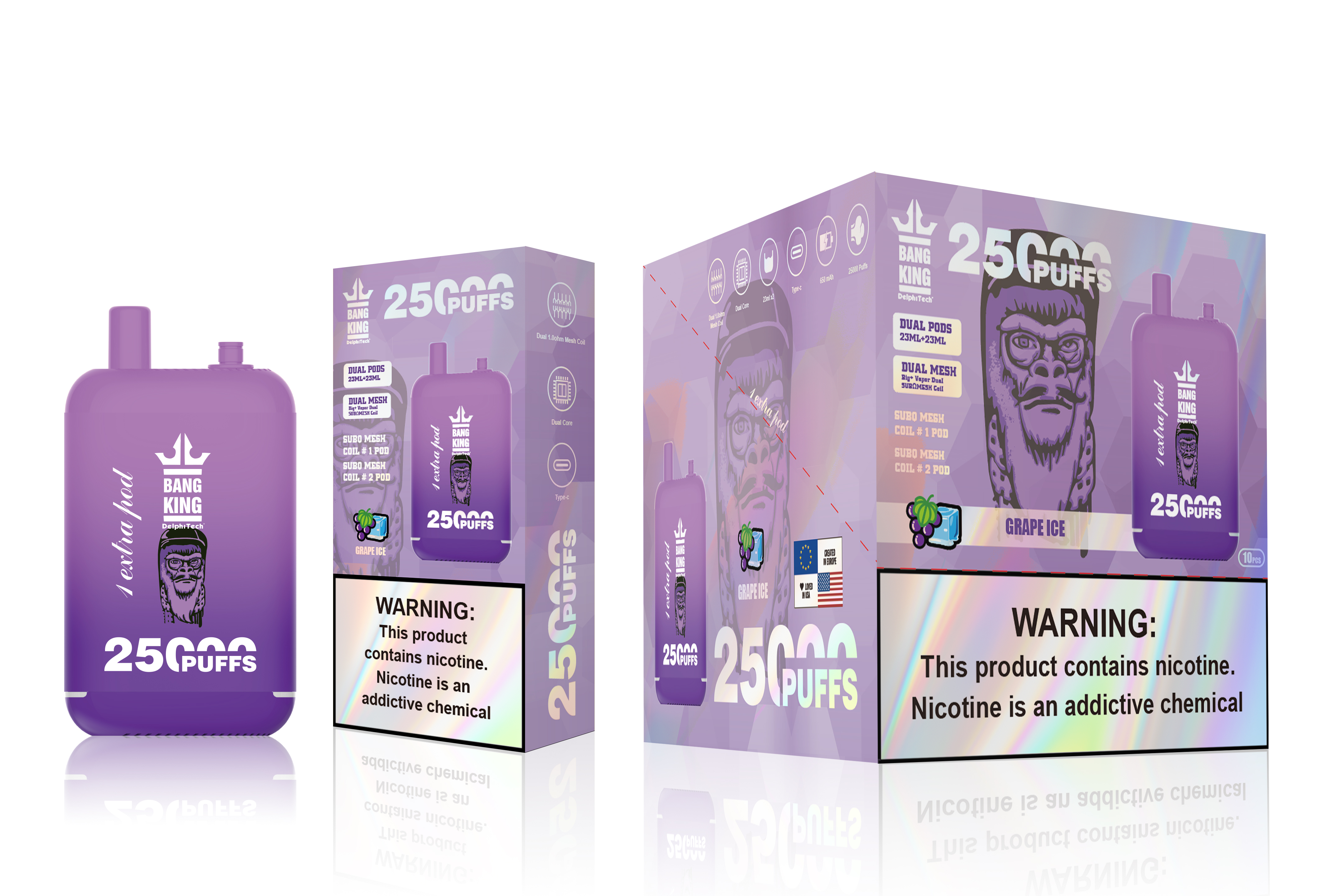 Promotional image featuring a purple vaping device labeled 'Bang King' with 25,000 puffs, alongside product packaging highlighting 'Grape Ice' flavor and nicotine warning.