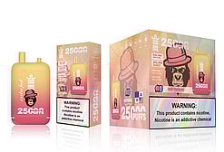 Product packaging and device for Bang King 25000 Puffs vape featuring the Juicy Peach Ice flavor, displaying a peach and gorilla logo, product details, and nicotine warning.