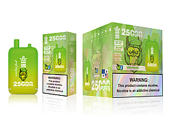 Packaging and product of Bang King, featuring a green vape device with 25,000 puffs labelled in sour apple ice flavor, accompanied by health warning labels.
