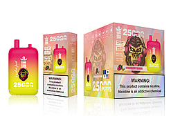 Packaging and product for Bang King vape device, featuring 25000 Puffs in Strawberry Banana flavor, with nicotine warning prominently displayed.