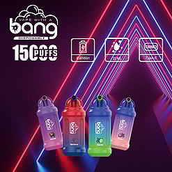 Imagem promocional mostrando dispositivos vape descartáveis Bang em vários sabores contra um fundo de padrões de luzes neon brilhantes, destacando recursos como 15.000 tragadas, capacidade de bateria de 650 mAh, e-líquido de 23 ml e compatibilidade de carregamento Tipo C.