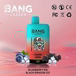 A Bang Leader vape device with Blueberry Ice and Black Dragon Ice flavor, accompanied by illustrations of blueberries, blackberries, and ice cubes, with brand text and compliance labels displayed; background features a pink gradient.