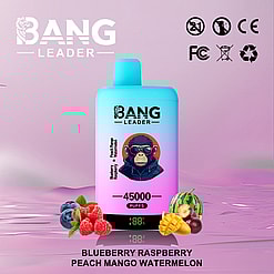 Promotional image of a Bang Leader vaping device featuring vibrant packaging with flavor details: blueberry, raspberry, peach, mango, and watermelon; displayed with corresponding fruit icons beside the device.