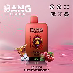 Promotional image of Bang Leader Cola Ice Cherry Cranberry, featuring a red vaping device with a graphic of a monkey in sunglasses, surrounded by cherries and ice cubes on a gradient pink background.
