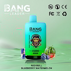 A teal Bang Leader vaping device with 45000 puffs displayed alongside images of blueberries, watermelon, and a Red Bull can on a green background, indicating the flavor combination of Red Bull, blueberry, and watermelon.