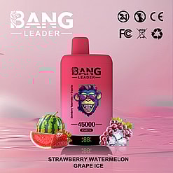 Promotional image of a pink Bang Leader vape device featuring a cartoon monkey icon, labeled '45000 Puffs' with strawberry, watermelon, grapes, and ice imagery, set against a soft pink background with regulatory icons displayed.