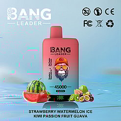 Promotional image of the Bang Leader vape device, featuring a design with a colorful blend of strawberry, watermelon, kiwi, passion fruit, and guava flavors; displayed with graphics and flavor illustrations on a blue backdrop.