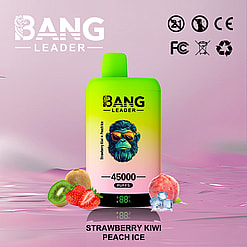 Promotional image for Bang Leader vape device featuring a gradient design, a stylized chimpanzee logo, and labeled Strawberry Kiwi and Peach Ice flavors with 45,000 puffs, surrounded by fruit and ice graphics.