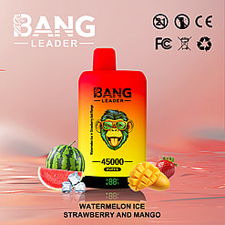 Promotional image for Bang Leader disposable vape with Monkey branding, watermelon, strawberry, mango flavors, and 45000 puffs capacity on a colorful background.