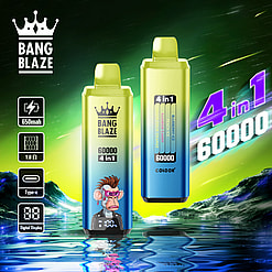 Promotional image of two Bang Blaze 4-in-1 rechargeable vaping devices with 60,000 puffs, featuring a digital display, Type-C charging, and multiple flavors, set against a stylized futuristic background.