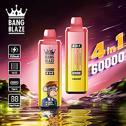 Promotional image featuring two Bang Blaze 4-in-1 vaping devices with 60000 puffs, set against a colorful cosmic background and displaying device features like 650mAh battery, 1.0Ω resistance, Type-C charging, and a digital display.