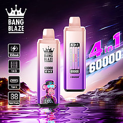Promotional image showcasing Bang Blaze 4-in-1 60000 puff vaping device with features including 650mAh battery, Type-C charging, 1.0Ω resistance, and digital display, set against a futuristic, vibrant landscape.