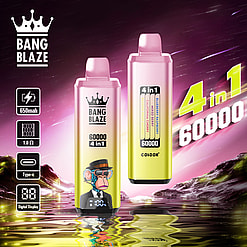 Two colorful vape devices labeled 'Bang Blaze 4 in 1 60000' against a vibrant futuristic landscape, displaying features like 650mAh battery, 1.0Ω coil, Type-C charging, and a digital display.