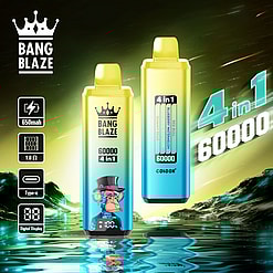 Promotional image showcasing two Bang Blaze 4-in-1 vaping devices with 60000 puffs capacity, featuring neon colors, a digital display, and branding elements set against a stylized reflective background.