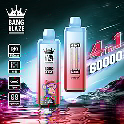 Promotional image of Bang Blaze electronic devices featuring 60,000 puffs, 4-in-1 flavors, 650mAh battery, USB Type-C charging, digital display, and vibrant design with a cartoon-style ape character.