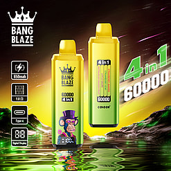 Promotional image displaying two Bang Blaze 4-in-1 e-cigarettes with 60,000 puffs capacity, vibrant yellow-green color designs, digital display features, and flavor options marked, set against a colorful scenic backdrop with the Bang Blaze logo and product specifications listed.