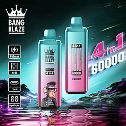 Colorful promotional image of Bang Blaze vaping devices, showcasing two models with metallic gradients, a humorous cartoon monkey icon, 4-in-1 functionality, 60000 puff indication, and various features like a digital display, 650mAh battery, and Type-C charging, set against a vibrant futuristic lake scene.