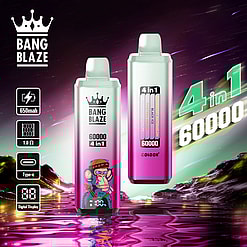 Two electronic vape devices labeled as Bang Blaze 4-in-1 with 60000 puffs capacity, featuring various flavors and specifications such as 650mAh battery, digital display, and Type-C port, set against a colorful futuristic background with a reflective water surface.