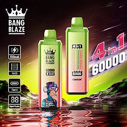 Promotional image for Bang Blaze showcasing two colorful vaping devices with 4 in 1 flavor capability, 60000 puff capacity, digital display, and Type-C charging, set against a vibrant, futuristic backdrop.